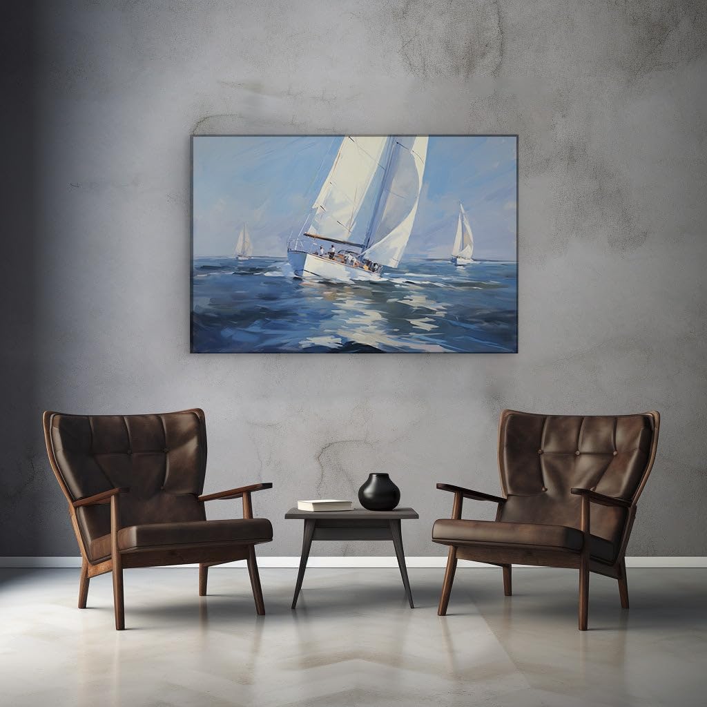 Canvas for Living room. Sailing into Serenity Three Sailboats Dance with the Wind, 27 x 18 inch Canvas Wall Art - Contemporary Masterpieces - Modern Home Decor
