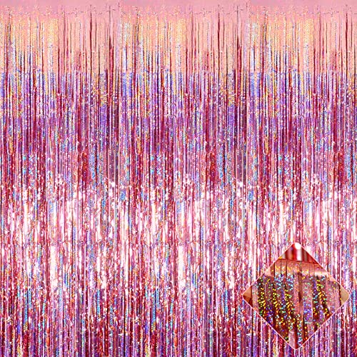 Image of 4 Pack 3.2Ft x 8.2Ft Rose Gold Foil Fringe Curtain Backdrop, Metallic Tinsel Foil Fringe Streamers Curtains Background for Photo Booth, Birthday, Wedding, Disco, Bachelorette, Christmas Party Decor