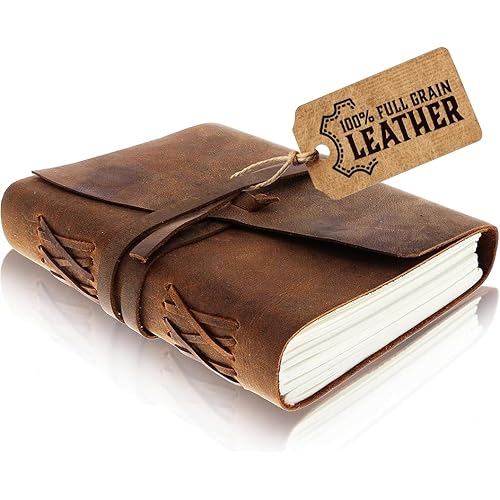 moonster Leather Journal Writing Notebook, Vintage Handmade Bound Notepad for Men Women - Write in Plain Thick Paper, 7x5 Inch Small Blank Pages, Drawing Sketchbook, Travel Diary, Unlined Note Book