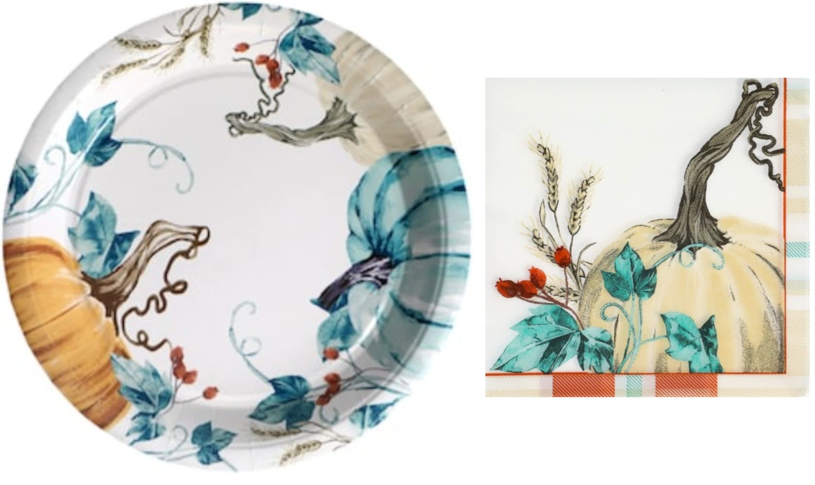 Greenbrier International Pumpkin Harvest Paper Plates and Napkins, White, Orange, Blue, Printed, 9 in plates and 5 inch napkins