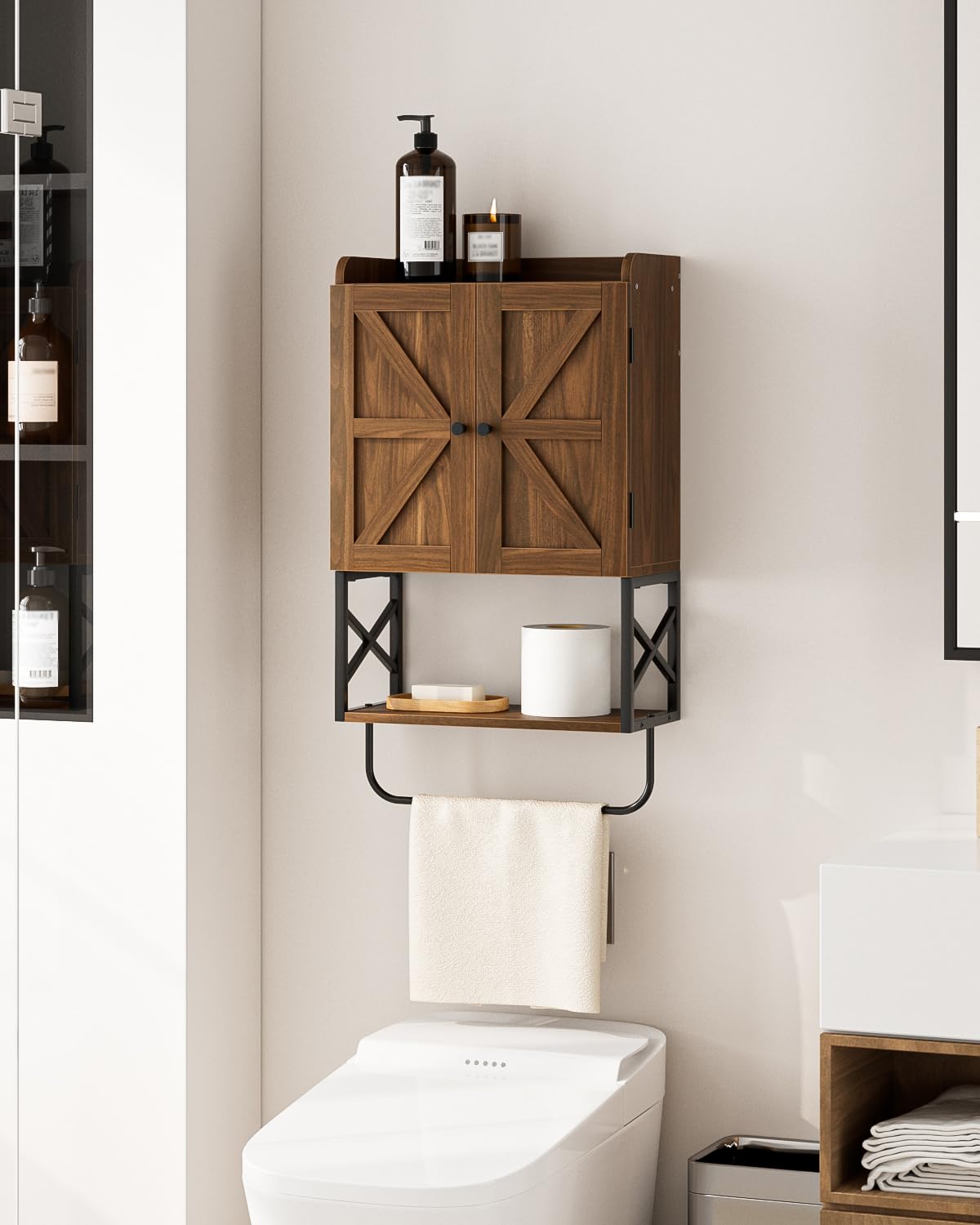 Armadietto da bagno, piccoli armadi medici con ripiano regolabile e ante di bloccaggio magnetico, armadio sospeso a parete per bagno/lavanderia, rovere