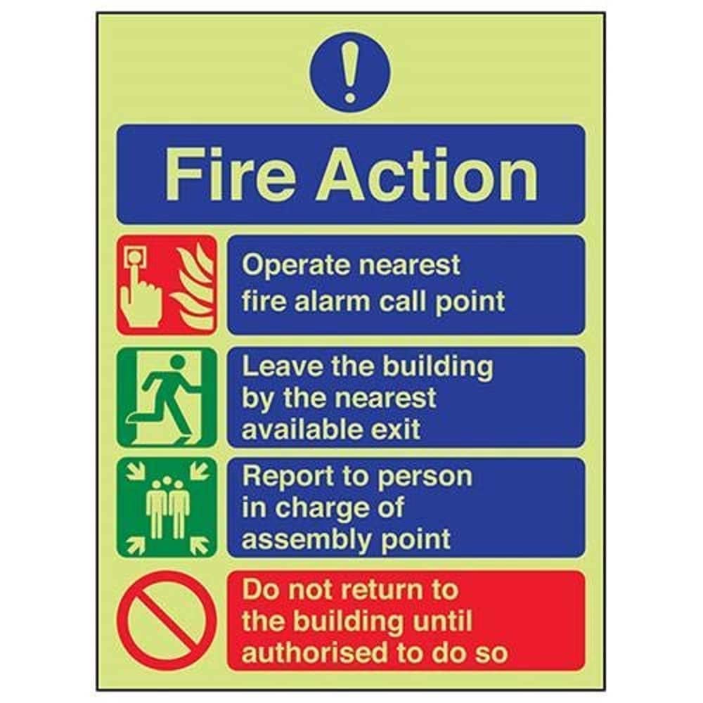 V Safety Glow In The Dark General Fire Action Prohibition/Do Not Return Fire Action Notice Sign - 150mm x 200mm - Self Adhesive Vinyl
