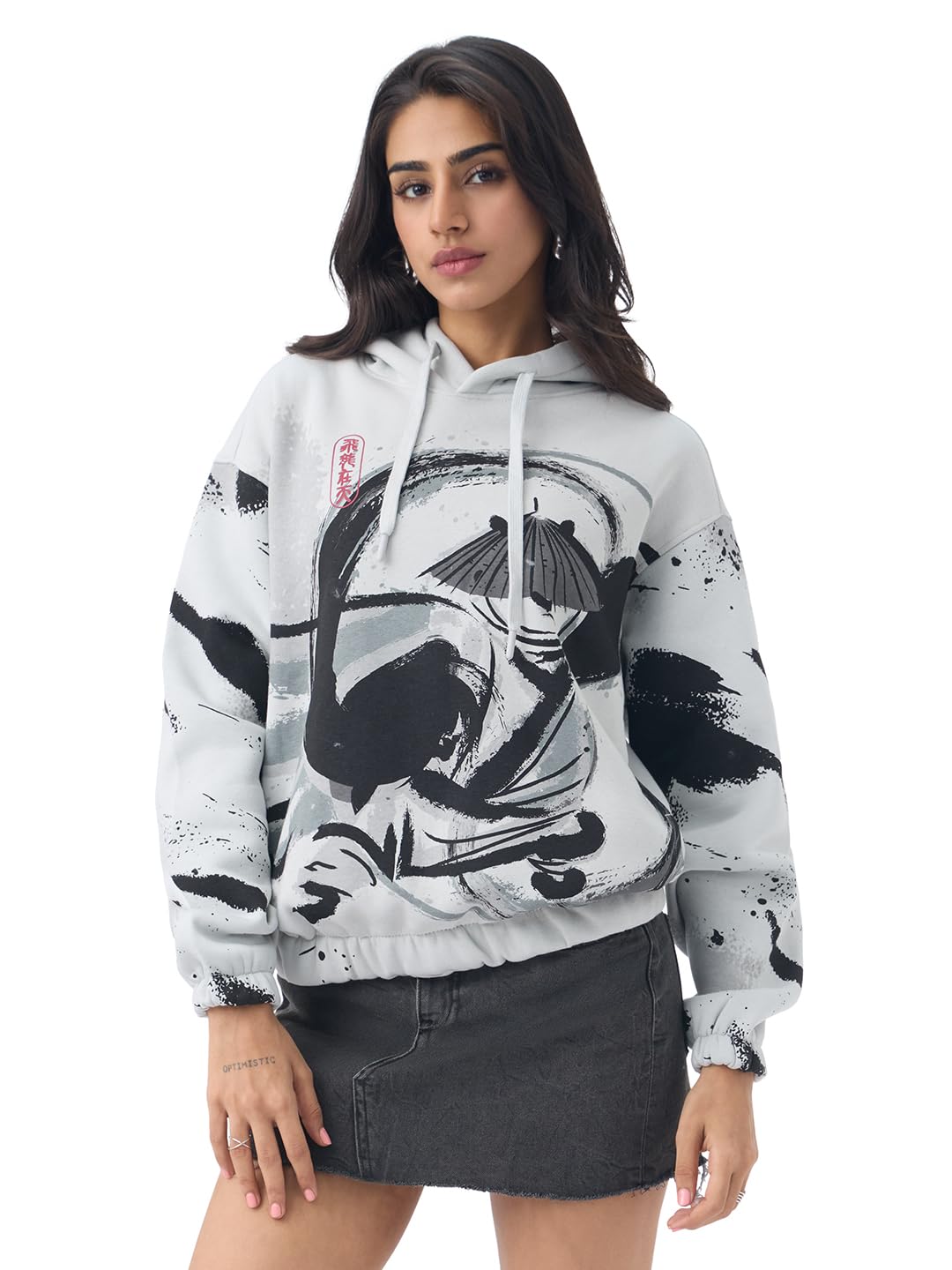 The Souled Store Kung Fu Panda: Inky Warrior Women and Girls Long Sleeve Hooded Neck Light Grey Graphic Printed Cotton Blend Oversized Fit Premium Heavy Fleece Pullover Hoodie in grey