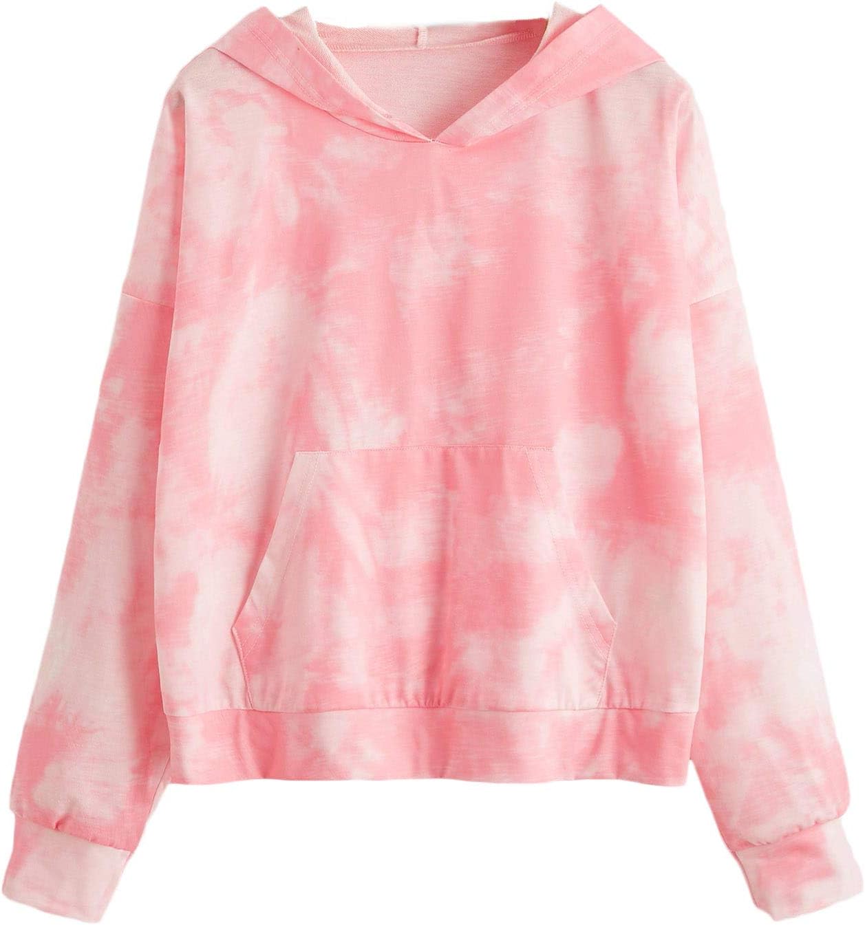 SweatyRocks Women's Long Sleeve Hoodie Sweatshirt Colorblock Tie Dye Print Tops Pink White-1 Small