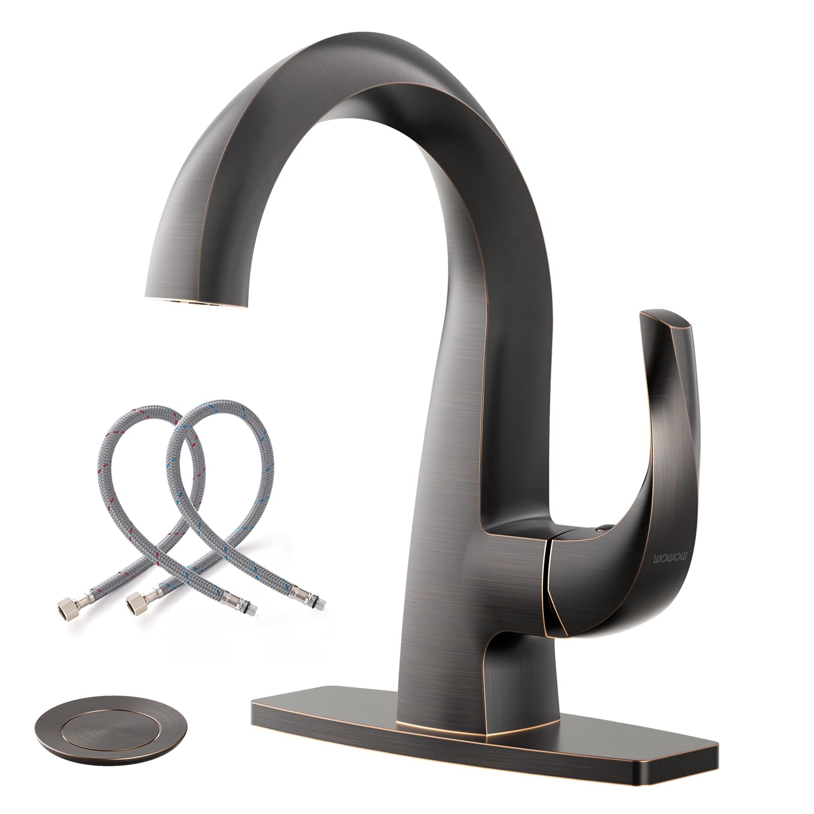 WOWOW Single Handle Bathroom Faucet 1 Hole High Arc Bathroom Basin Oiled Rubbed Bronze with Pop Up Drain, Solid Brass Commercial Bathroom Sink Faucet Basin Vanity Bar Faucet (Patented Product)