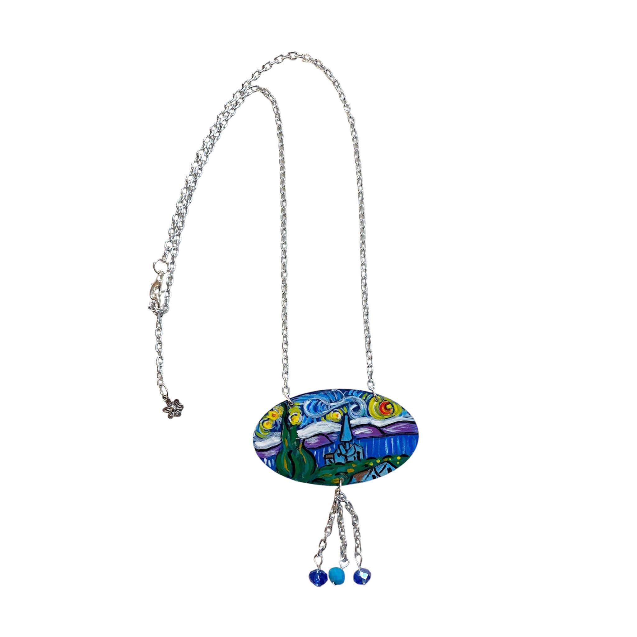 Collar con colgante pintado a mano – La noche estrellada, cuadro famoso – Collar con colgante pintado a mano, medallón de madera pintado a mano, joya elegante en madera totalmente pintada