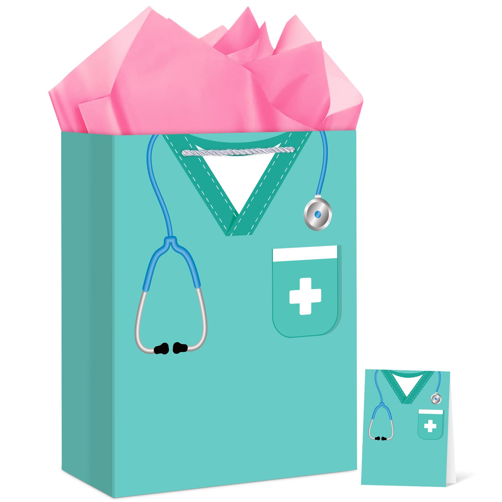 Hooqict Large Nurse Graduation Gift Bag Nurse Gift Wrap Bag with Handles, Tissue Paper, Greeting Cards for Her Women New Grad Nursing Student Medical School Graduation Party Gifts Supplies