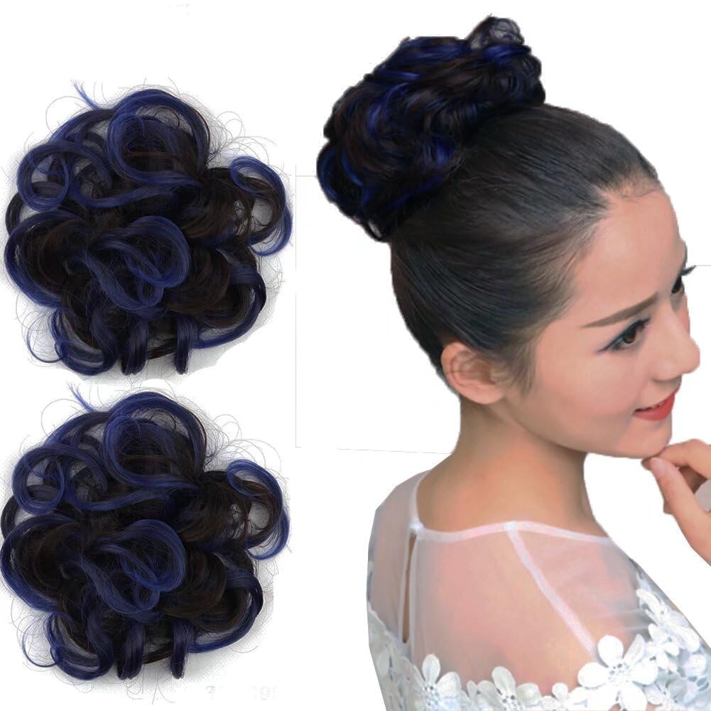 LaLuLoLi 2pcs Hairpieces for Women Synthetic Scrunchies Hair Bun Extension Messy Bun Donut Hair Pieces Wavy Updo Ponytail for Party (Dark Brown/Blue)