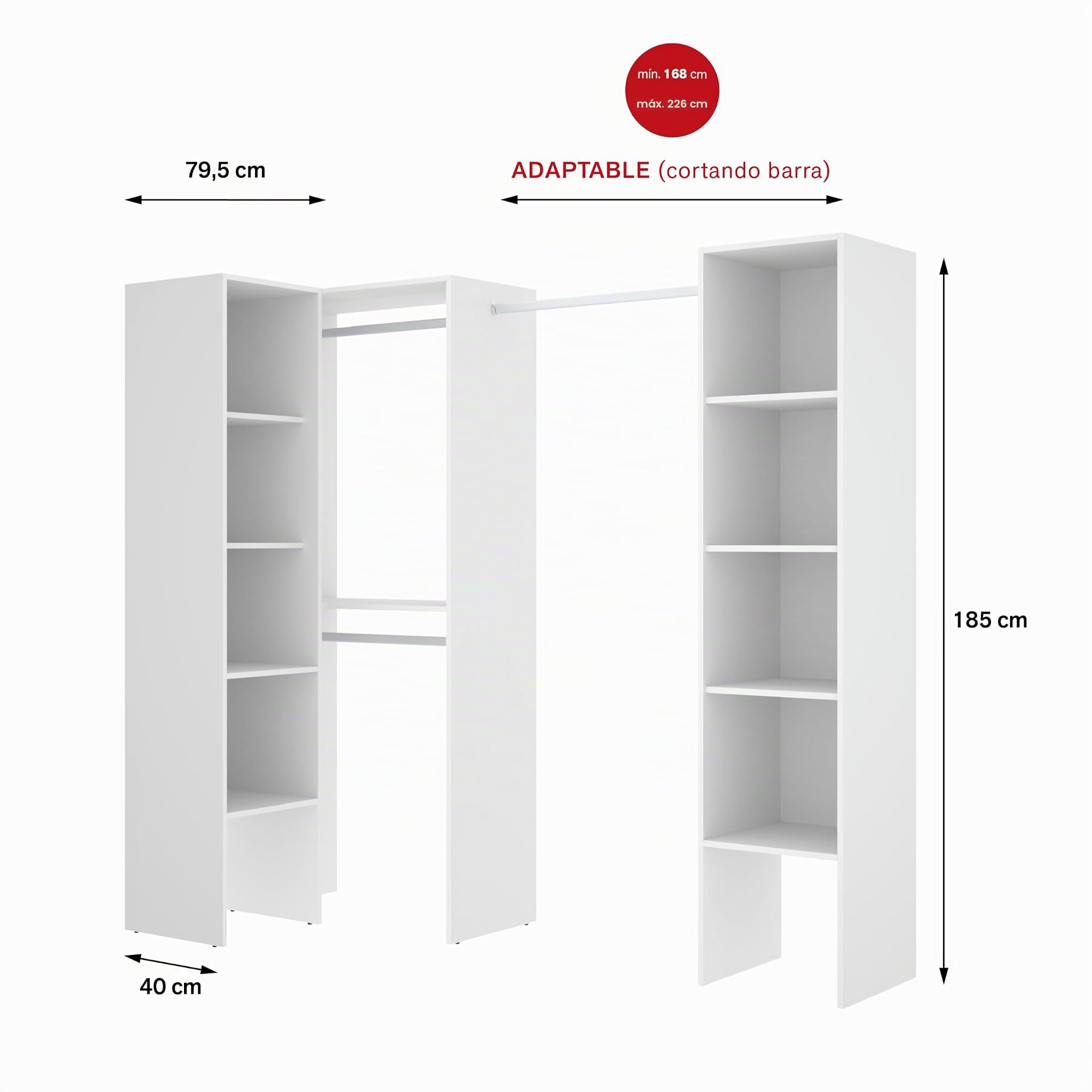 DEKIT GRUPO RIMOBEL SUIT - Conjunto de Vestidor rinconero con dos columnas y zona de barras - Blanco - 185 cm (Alto) x 226 cm (Ancho) x 80 cm (Prof.)