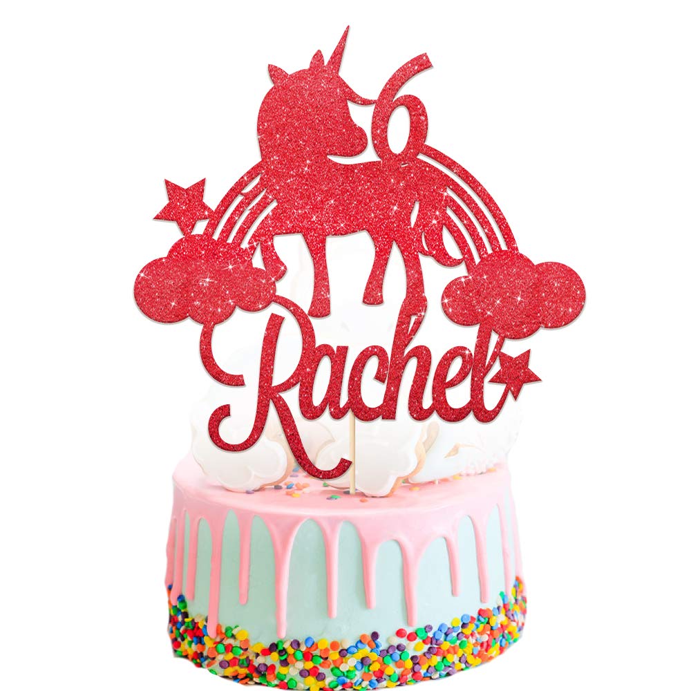 Personalised Unicorn Cake Topper Multicolor Cake Decoration with Unicorn Design Custom Any Name & Age Birthday Cake Topper 1st 3th 7th 13th 15th 18th 21st 30th (Red)