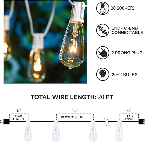 Miniatura 10 de Afirst - Extensión de luces para exteriores de 20 pies con 22 bombillas Edison estilo bistró vintage, impermeable, luces ST40 para patio, fiesta