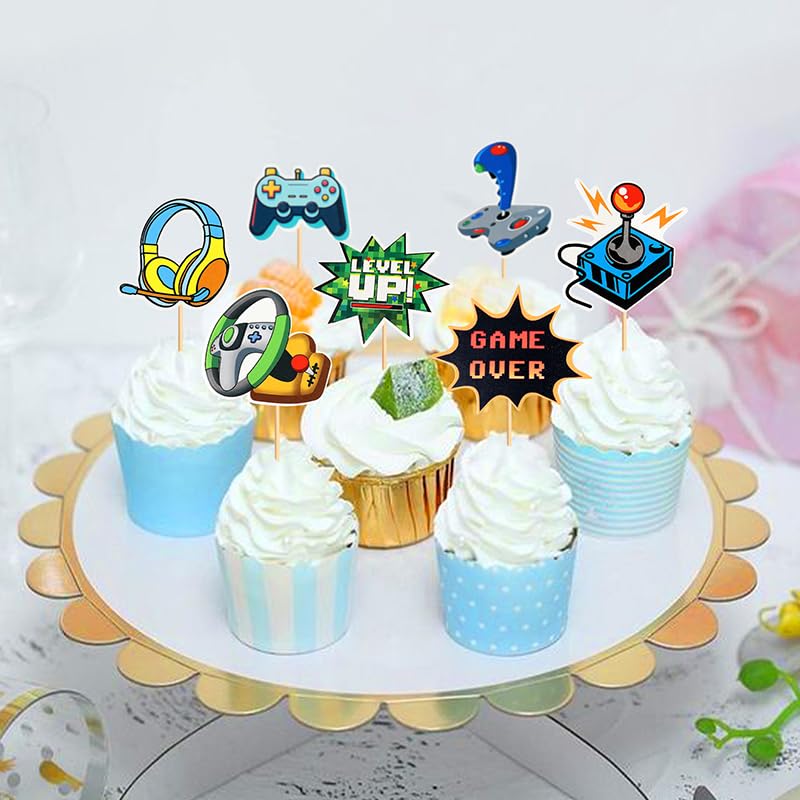 Video Game Themed Cake & Cupcake Toppers - Neon Level Up Party Decorations For Birthday Celebrations