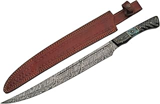 SANZ Damascus Supplies Wood and Turquoise Resin Handle Full Tang Short Sword with Leather Sheath, Black/Turquoise/Brown, 22" Length
