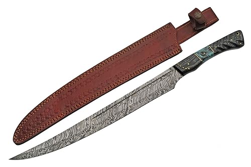 SANZ Damascus Supplies - Espada corta de espiga completa con mango de resina de madera y turquesa, con funda de cuero, negro/turquesa/marrón, 22