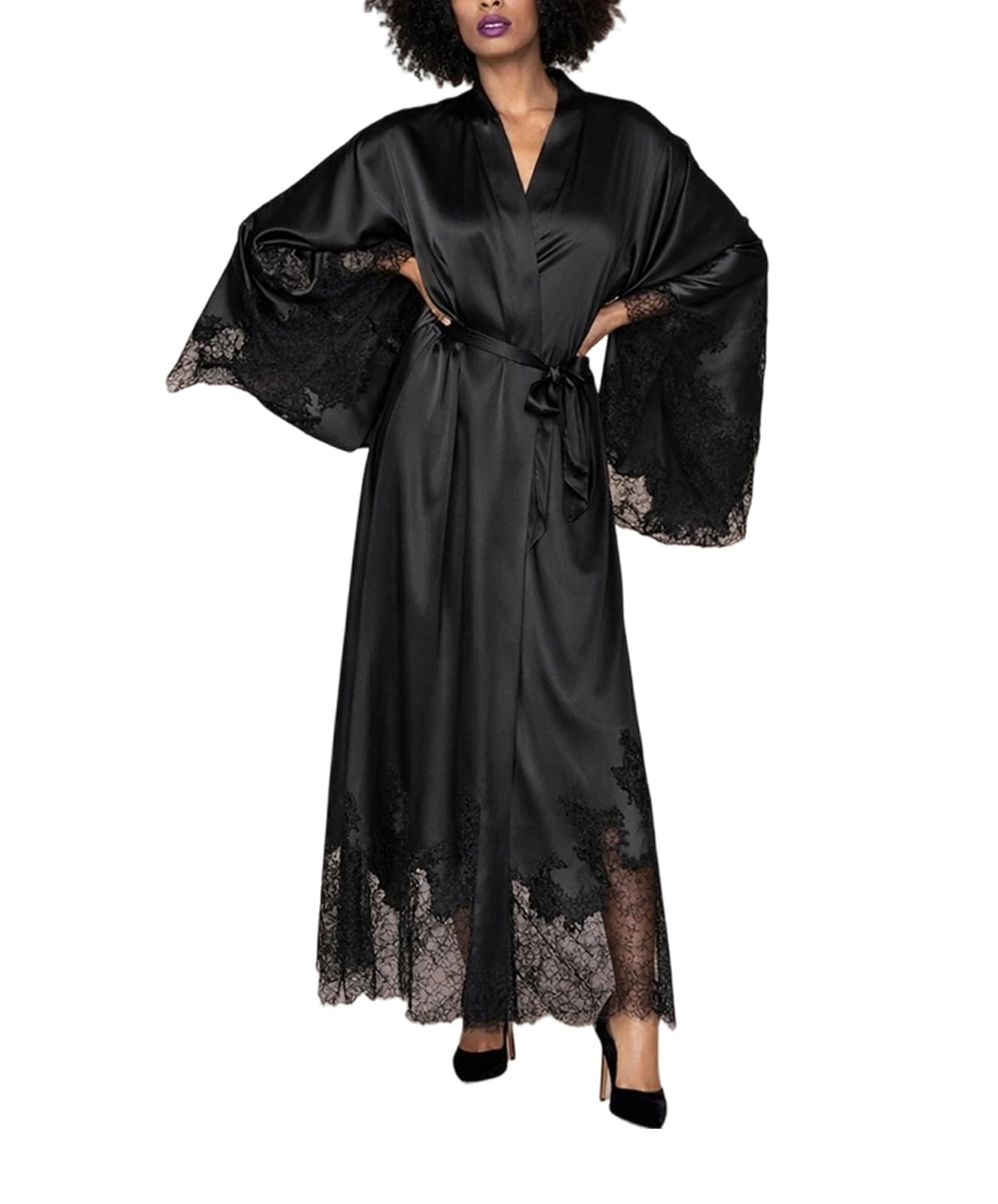 Vestaglia in raso kimono verde oliva con bordo in pizzo morbido come la seta per matrimoni e feste nuziali