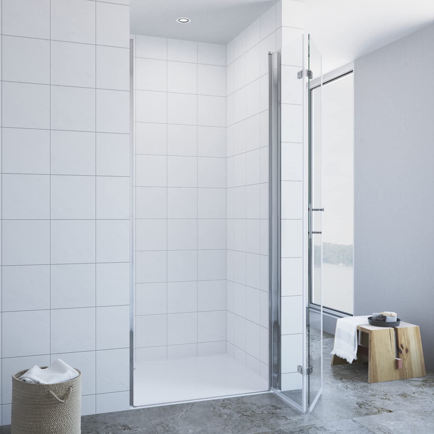 Duschtür klappbar faltbar Glas 90 x 195 cm Wandprofil Chromoptik Nischentür Falttür Dusche Pendeltür Schwingtür ohne Rahmen mit Magnetdichtung Duschtürdichtung unten 6 mm Klarglas NANO-Beschichtung
