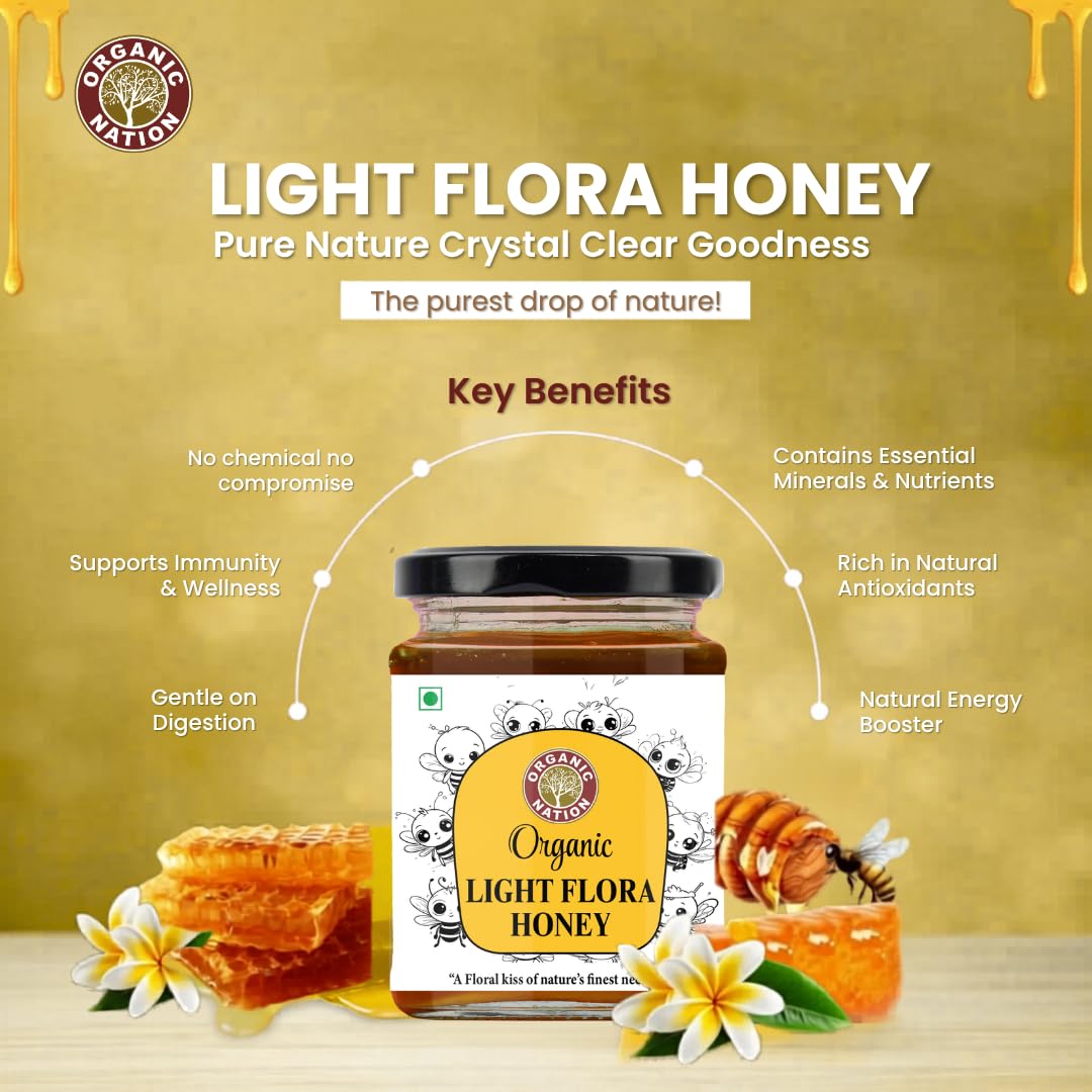 ORGANIC NATION Pure & Natural Light Flora Honey - Raw & Unprocessed, Lavender Honey, Natural Wildflower, Rich in Antioxidants, No Added Sugar, Langnese Substitute, 325g, Golden Amber Color 1