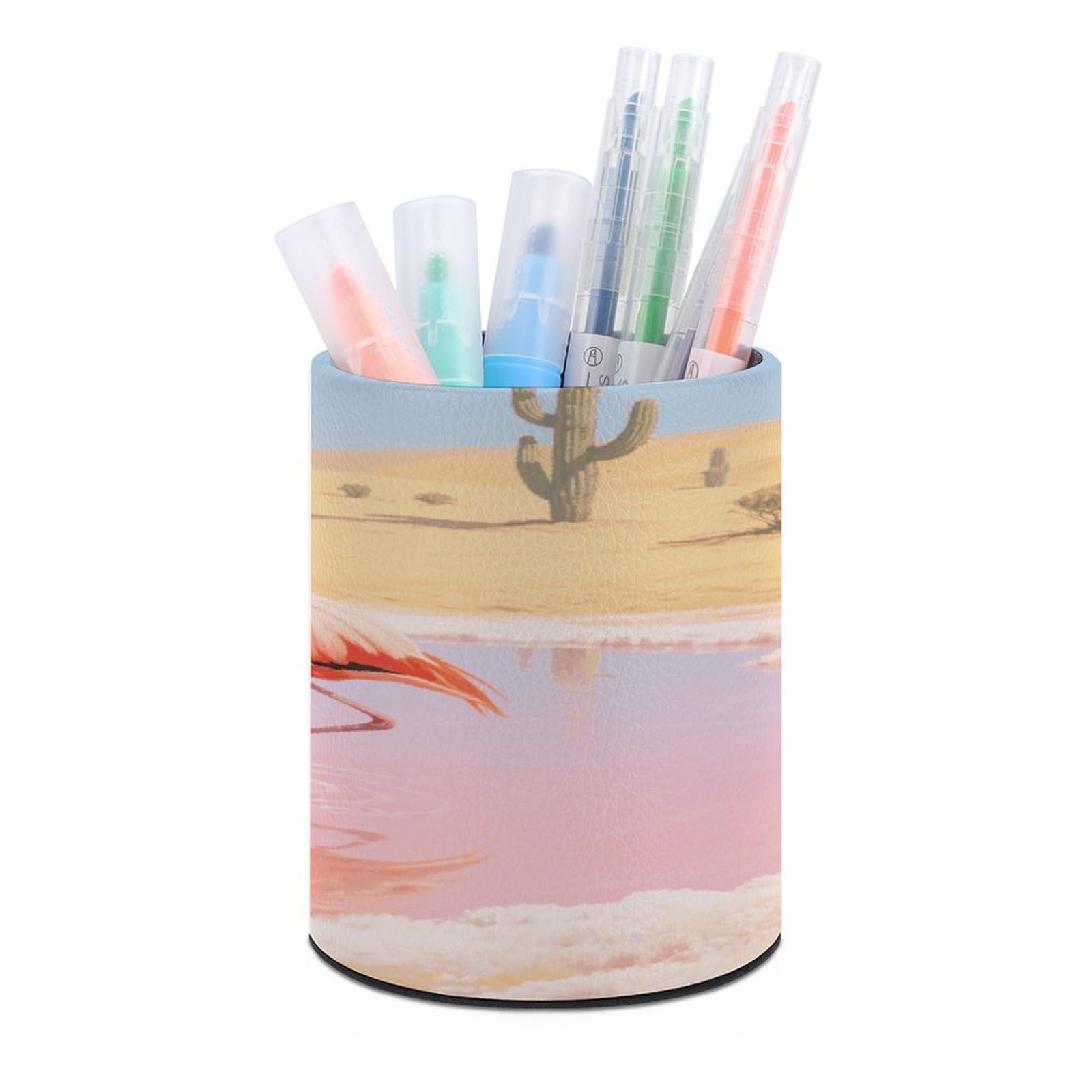 VstaDank Orange Flamingo in Salt Lake Pen Holder Round Pencil Holder Cup Pen Container PU Leather Desk Organizer Stand Decor Brush Scissor Holders Decoration Office Desk Home (3.1 X 3.9 Inches)