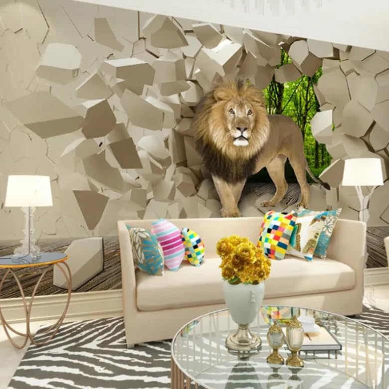 Papier peint photo 3D lion cassé mur 300x210 cm pour salon