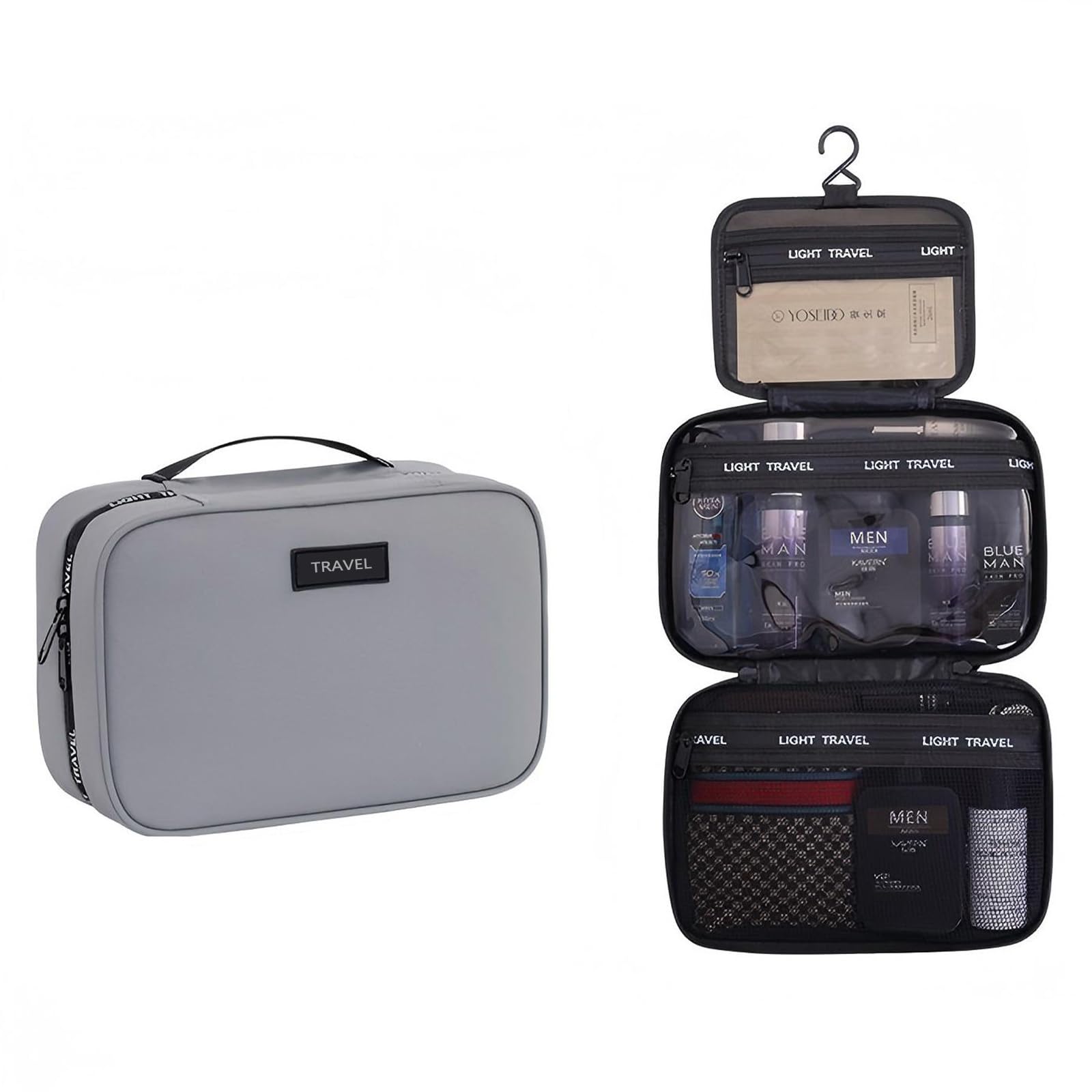 Hanging Toiletry Bag for Travel - Large Waterproof Makeup Cosmetic Organizer for Men & Women, Shaving Dopp Kit with Hook, Fits Full-Sized Shampoo, Brushes, Bathroom Essentials (Grey)