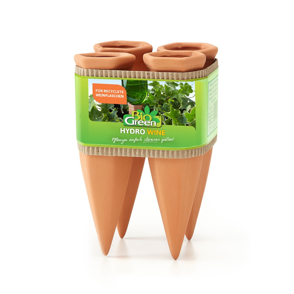BioGreen 4er-Set Bewässerungssystem Hydro Wine für Balkon- und Kübelpflanzen | Gießkegel aus Ton passend für Weinflaschen I Wasserspender für Topfpflanzen | kein Übergießen und Austrocknen