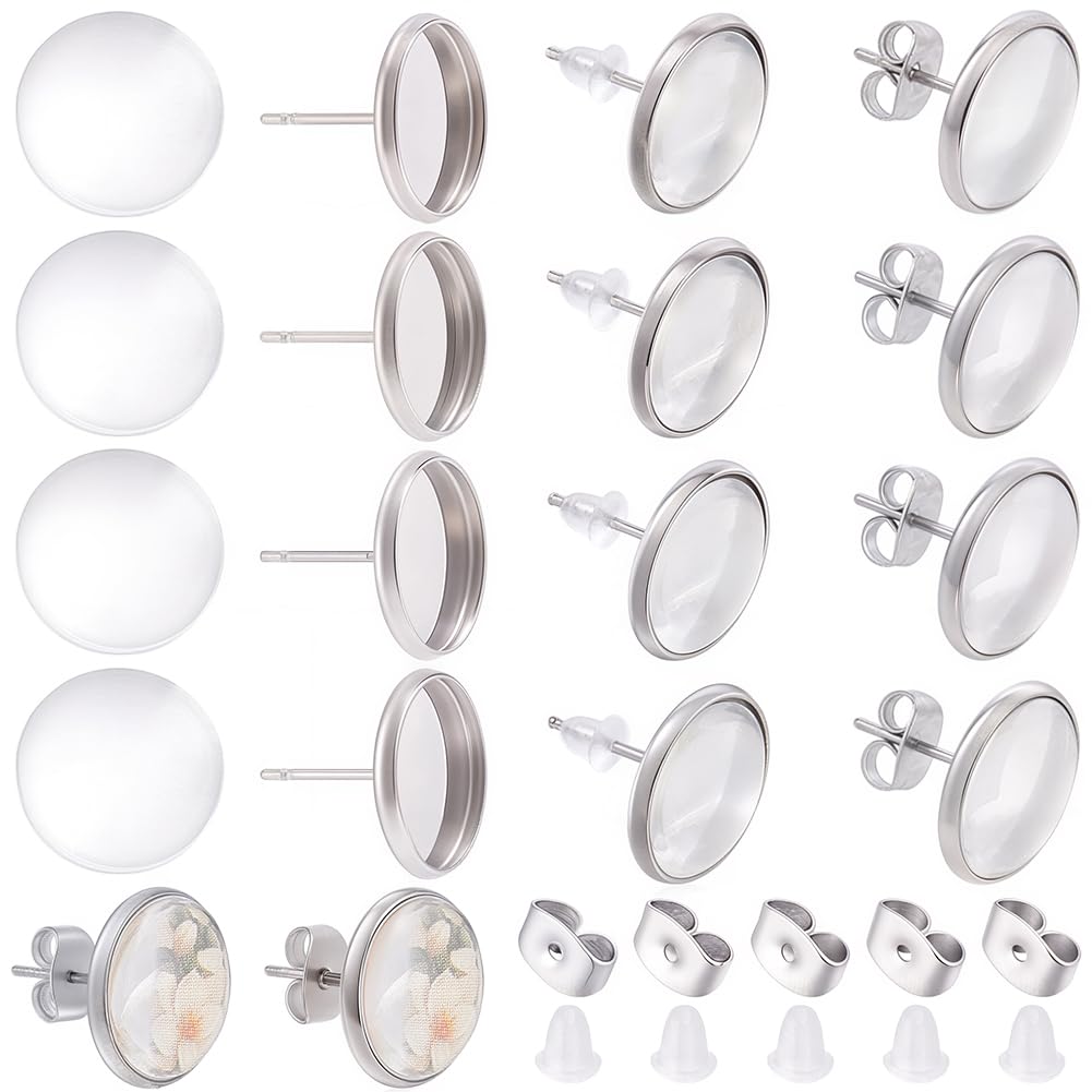 Beebeecraft 50 Sets Cabochon Stud Earrings with Glass Cabochons, 12mm 304 Stainless Steel Silver Flat Round Blank Stud Earring Bezel Settings Tray with 100Pcs 2 Styles Ear Nuts for Jewellery Making