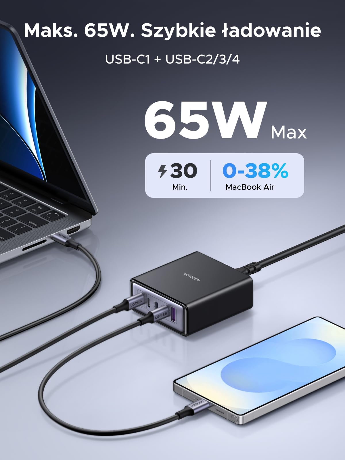 UGREEN Ładowarka USB C 65 W GaN Zasilacz 5 w 1 Stacja ładowania biurkowego 45 W PPS Szybka ładowarka Kompatybilna z iPhone 16-8 series, Galaxy S25, S24, A15, Pixel 9, iPady, MacBook Air