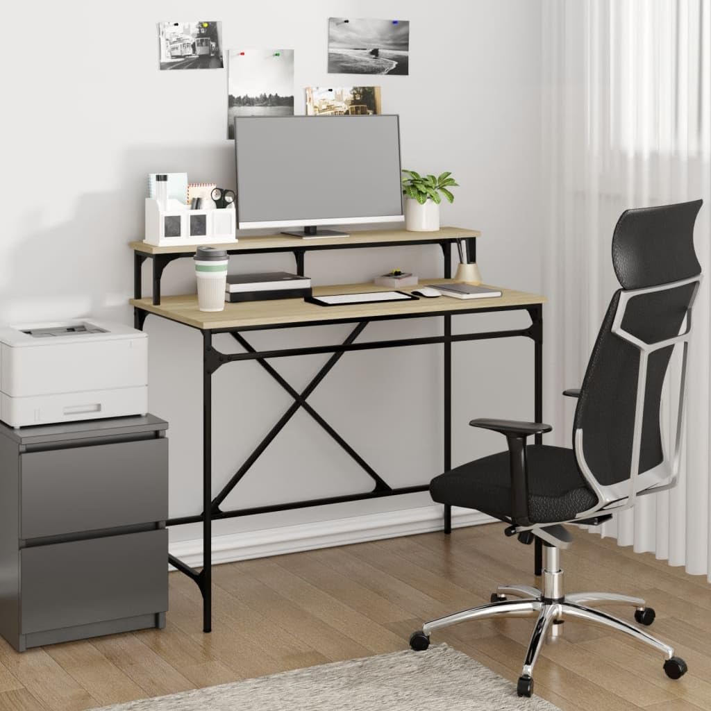 Scrivania Rovere Sonoma in legno multistrato e ferro 100x50x90 cm con ripiano, postazione lavoro per computer, tavolo ufficio, scrivania gaming e studio salvaspazio