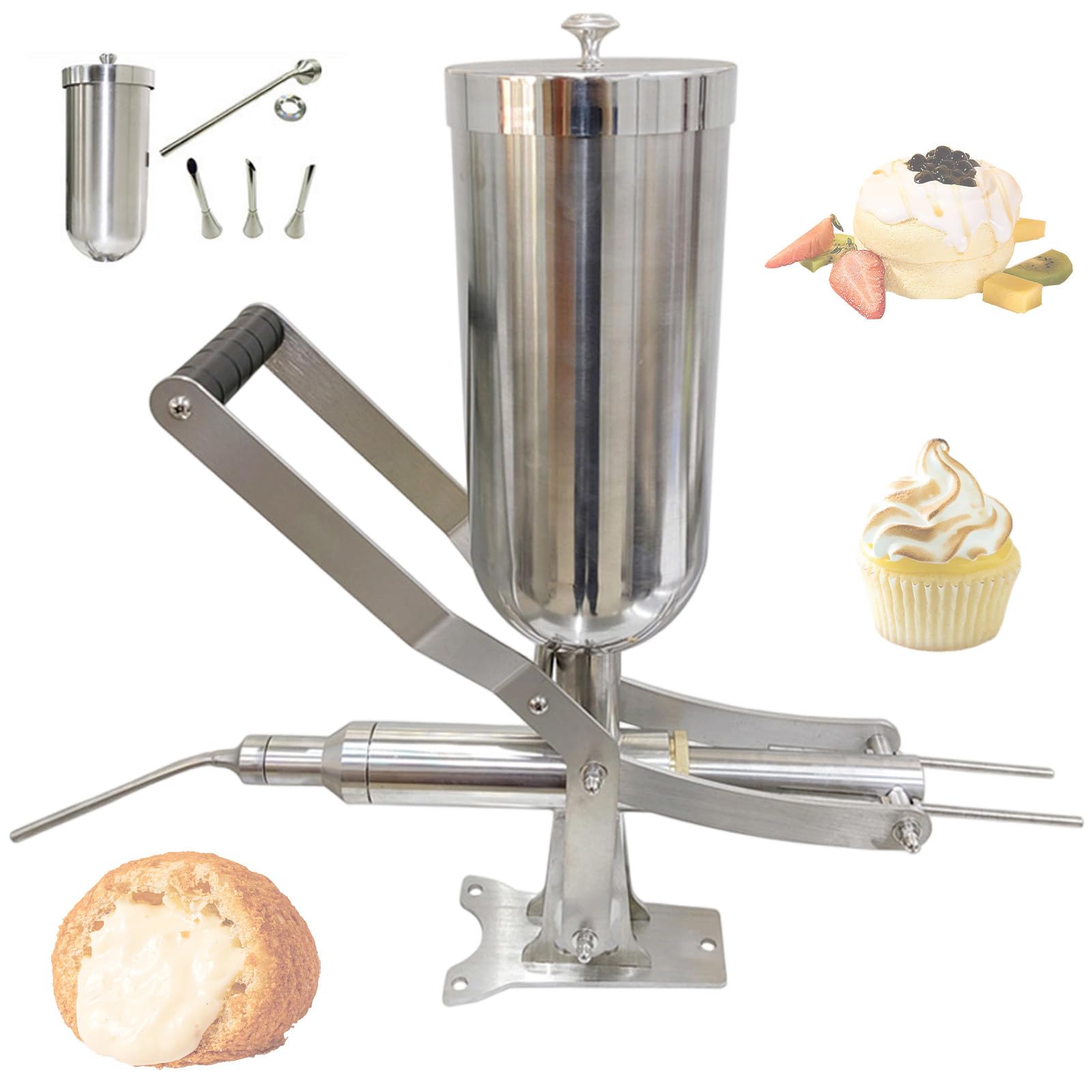 GwlThixion 5L Manual Donut Filler Machine, Commercial Churros & Pastry Filler, Churros Jelly, Jam Filler with 4 Nozzles & Countertop Lock, for Bakeries, Cafes & Dessert Shops CT-01