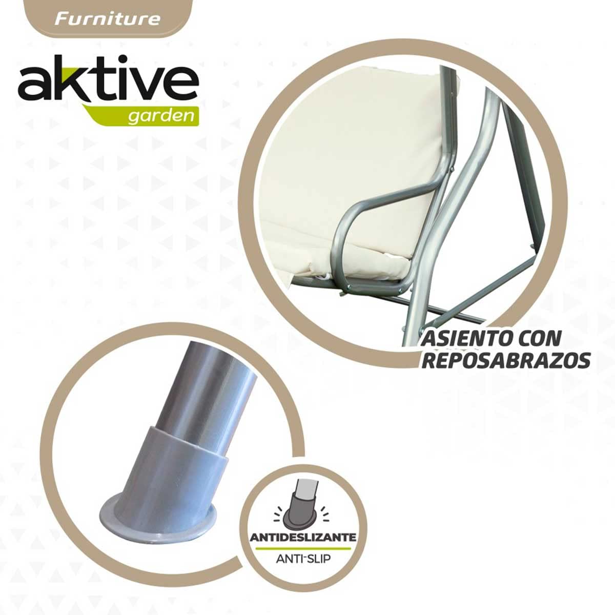 Aktive 61113 - Altalena da giardino a 3 posti color avorio | Tendalino basculante, seduta e schienale imbottiti | Sedia a dondolo da giardino antiscivolo per esterni | Misure 170x110x153