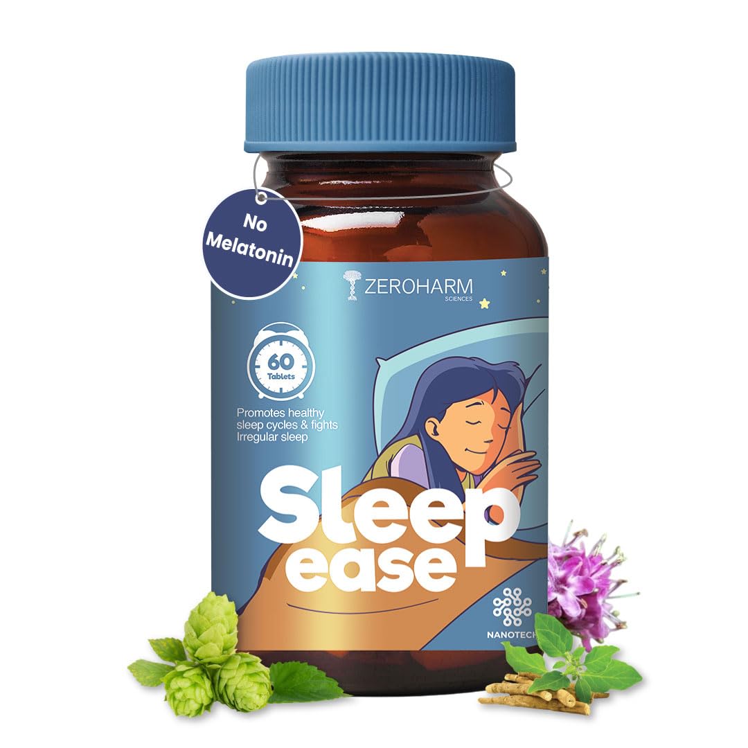 ZEROHARM Sleep Ease | No Melatonin | With Valerian, Ashwagandha, Jatamansi & Hops | Plant-Based Sleep Support | Non-Habit Forming | Promotes Deep Restful Sleep & Relaxation for Men, Women | 60 Tablets