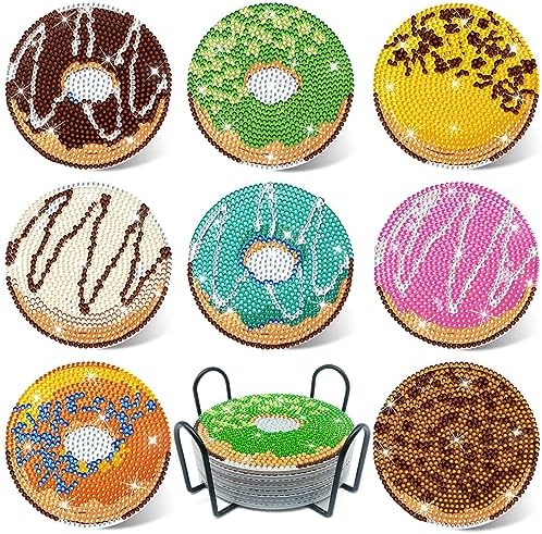 FILASLFT Diamond Painting Coasters Kit,DIY Diamond Painting Coasters Kit,8 Pcs Doughnuts Diamond Art Coasters with Holder Diamond Arts Crafts for Gifts.