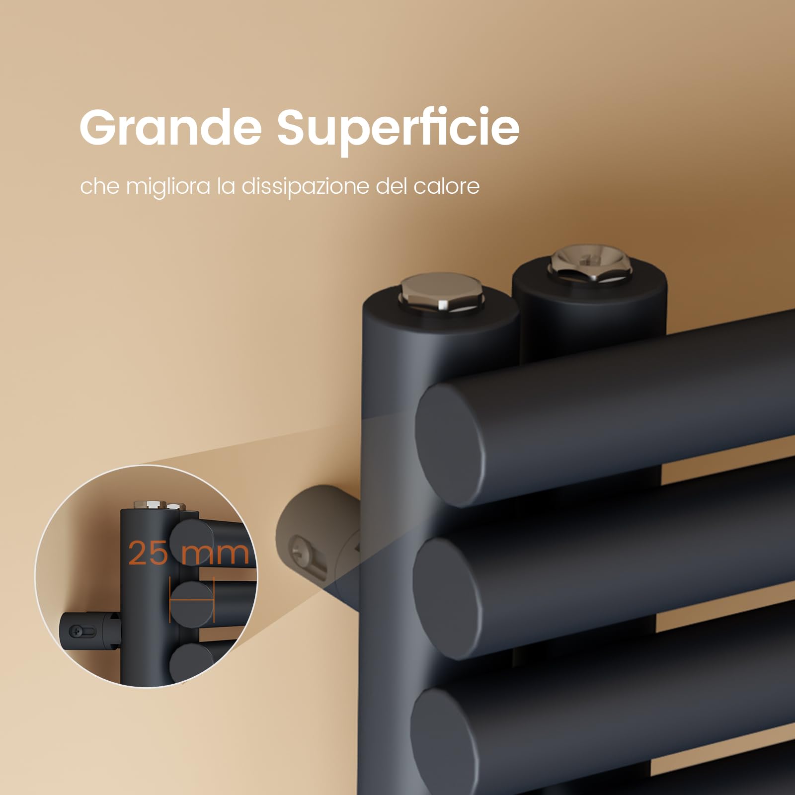 EMKE Scaldasalviette termoarredo a acqua calda per bagno, 1265 x 600 mm, Tubo rotondo Porta asciugamani, Scaldasalviette con attacchi laterali,Antracite 776W
