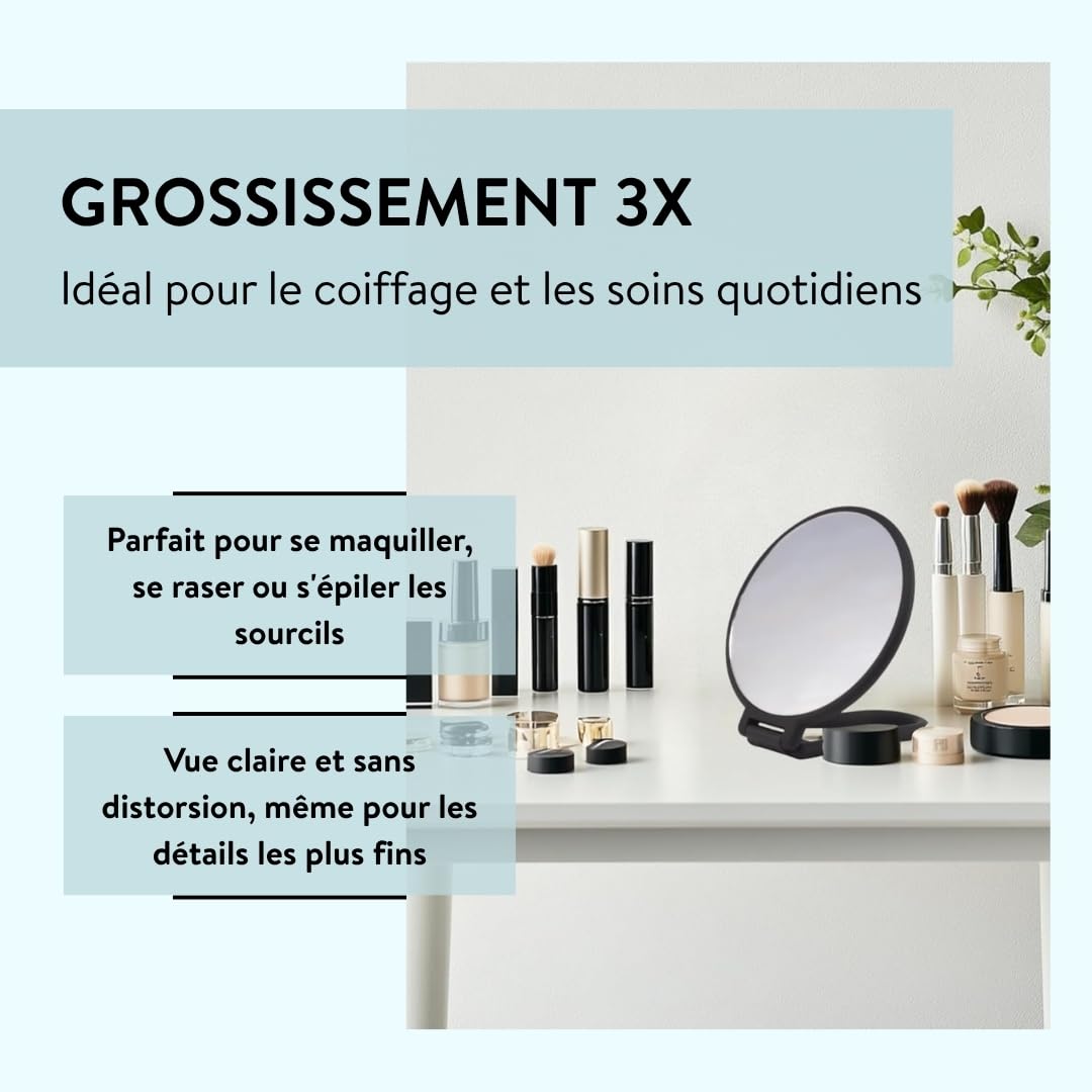 PARSA Beauty Miroir de maquillage rond à poser avec finition douce au toucher Double face (normale et grossissante x3) Pour le maquillage et la coiffure Noir