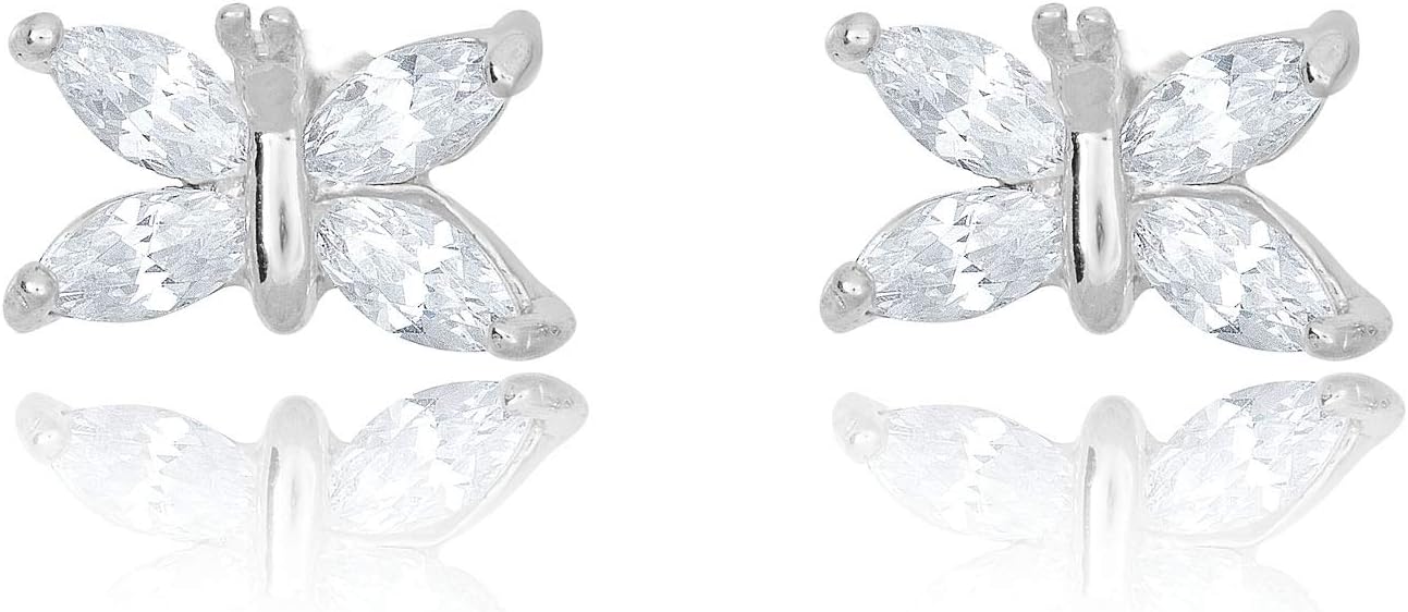 AVORA 925 Sterling Silver Simulated Diamond CZ Butterfly Stud Earrings