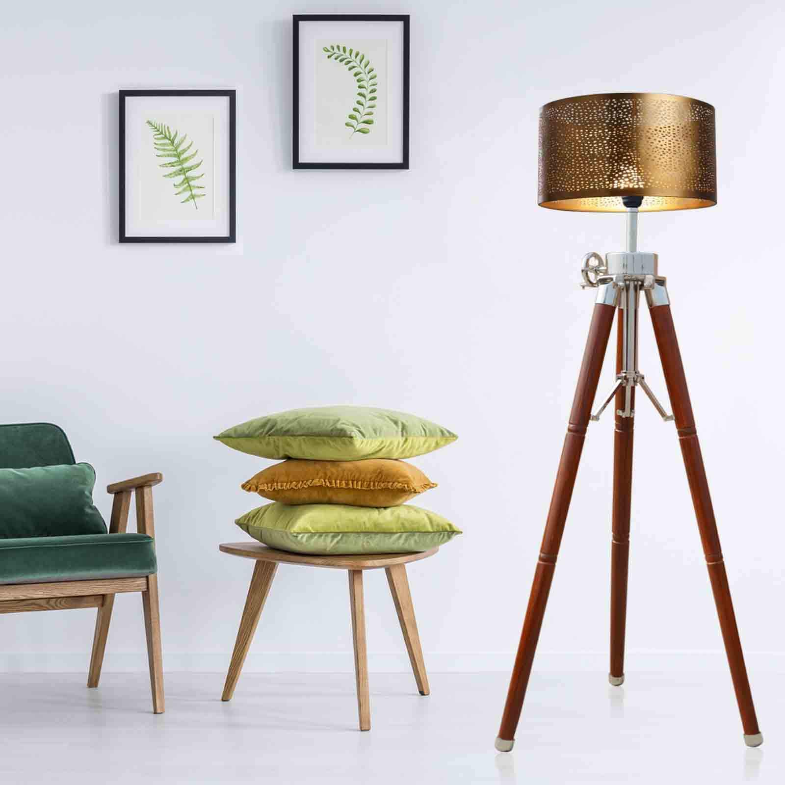 Support de lampe vintage en bois avec trépied réglable en teck Argenté