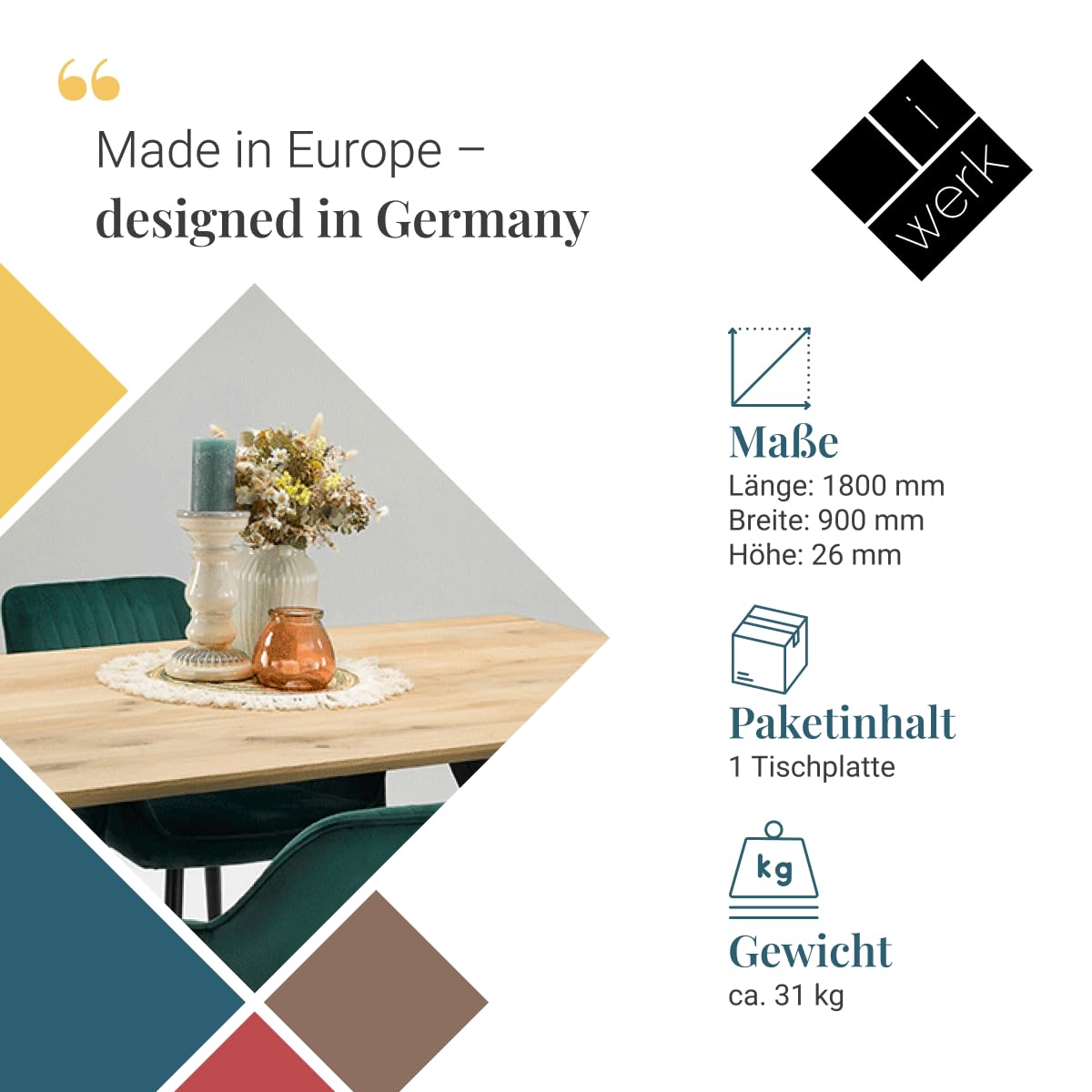 Tischplatte aus Eiche massiv 180 x 90 cm | Massiv & Rustikal, Echtholz, Schreibtisch oder Esstisch geeignet, DIY-Tisch, Kante Swiss