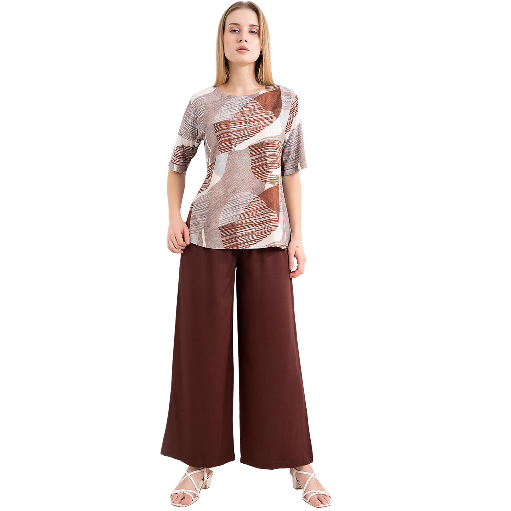 l&m Women's Trendy Rayon Co-ord Set - Printed Top with Solid Brown Pants | Co Ord Set for Women Stylish | Travel Co Ord Set for Women-picture-34