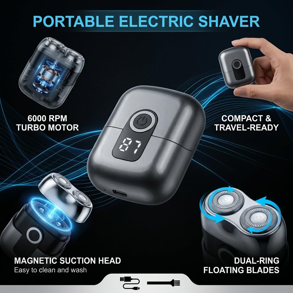 Mini Afeitadora Eléctrica para Hombre, Afeitadora de Viaje Impermeable con Pantalla LED, Carga Rápida USB-C, Silenciosa, Portátil y Compacta para Barba, Cabeza y Bigote - Gris