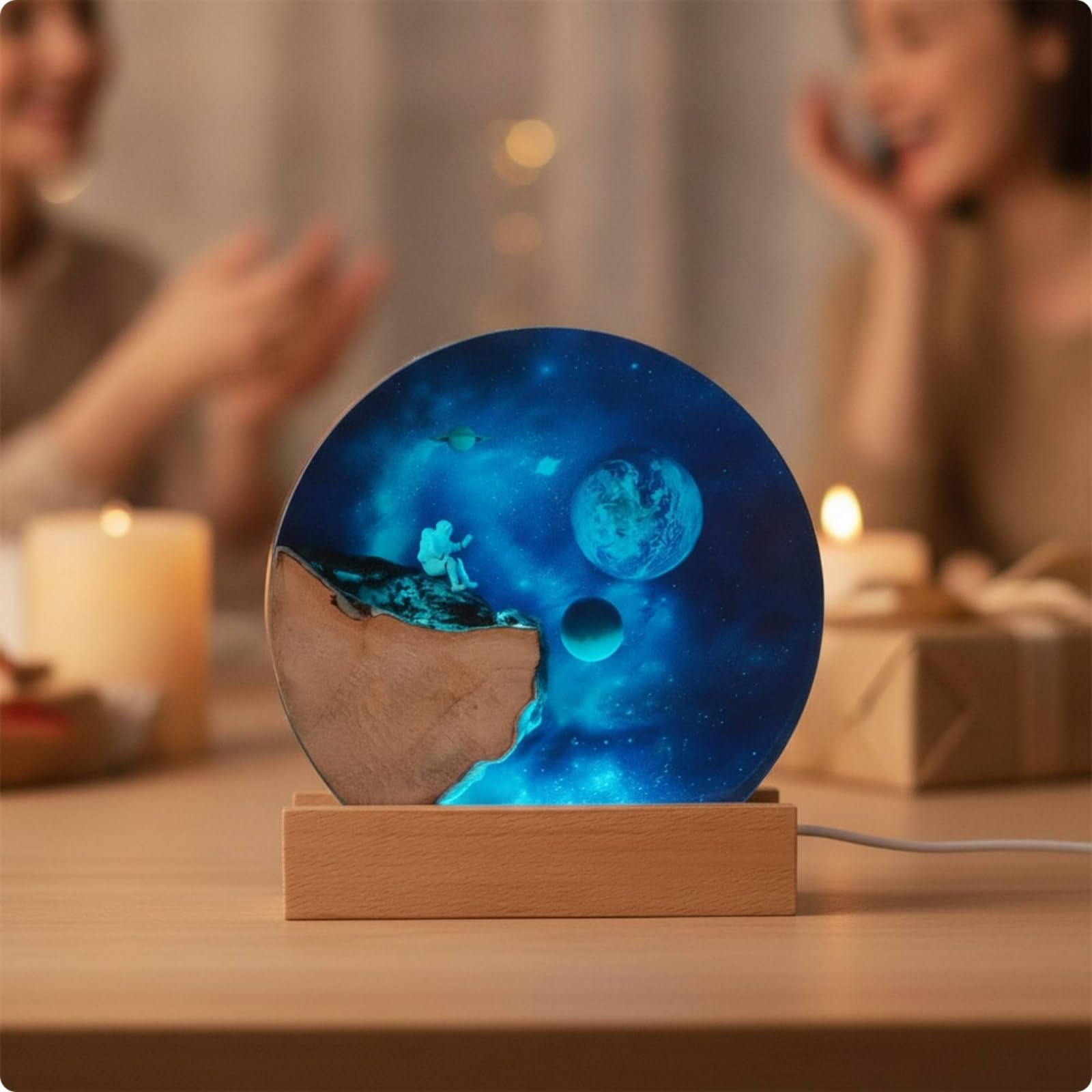 rockible Universum-Nachtlicht mehrfarbig Epoxidharz-Lampe mit Holzsockel sanft Harzlampe für Kinderzimmer