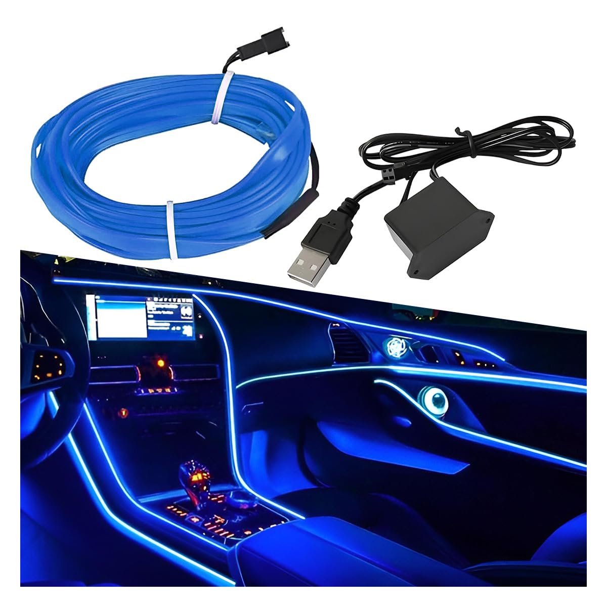 EL Wire Car Interior LED Strip Lights, 5V 16FT Neon Light Strip with Sewing Edge, USB Electroluminescent Car Interior Lights with Fuse Protection, Vehicle Ambient Lighting Decorations (Blue)