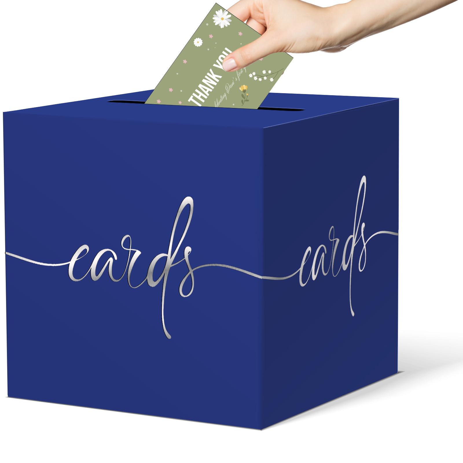 Dark Blue Card Box with Silver Foil Design, Paperboard 8.7" Card Box for Birthday Wedding Party Graduation Retirement Anniversary Valentine's Day &amp; Baby Showers, Raffle or Money Box