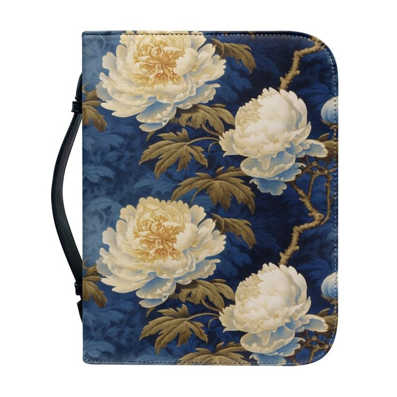 Kuiaobaty White Peony Flowers Book Case Bible Protective with Handle, PU Leather Paint Floral Bible Bag Gifts for Mother,Father,Wife,Kids