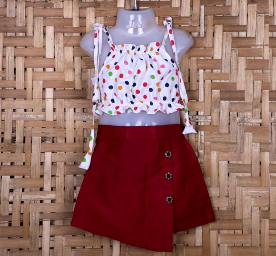 Image of ANNECA Baby Girls Polka Dot Tie-Shoulder Crop Top with Maroon Button-Detail Skirt Set, 2 Pieces