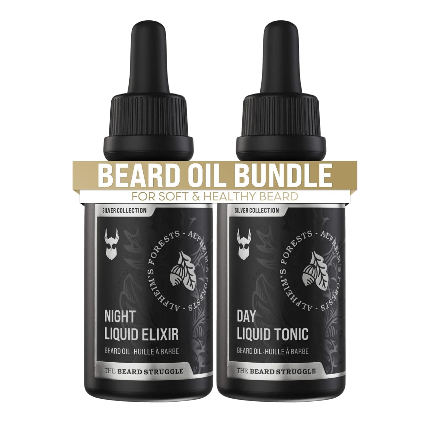 The Beard Struggle Tonic + Elixir Beard Oil Bundle - Silver Collection - Grooming Beard Oil - Softens, Moisturizers, and Strengthens Beard Growth -