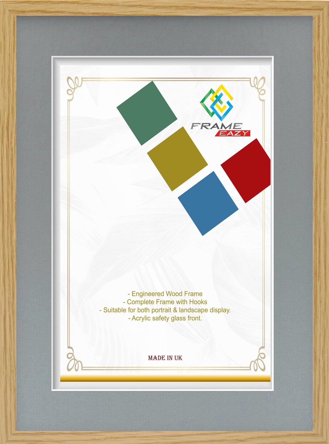 FRAME EAZY Oak 14x11 Photo Frame with 11x9 Grey Mount to Hang Portrait or Landscape - Thin Picture Frame With Safe Perspex Front - 14" x 11" For Picture Size 11" x 9"