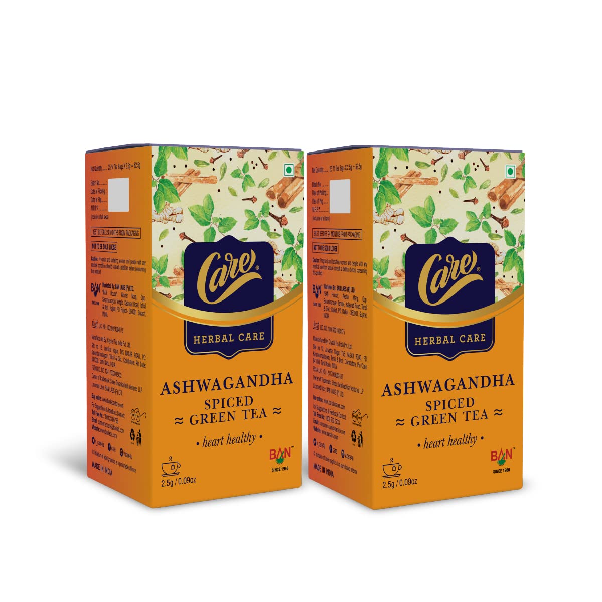 Care Ashwagandha Spiced Herbal Green Tea 50 Tea Bags (2 Packs X 25 tea