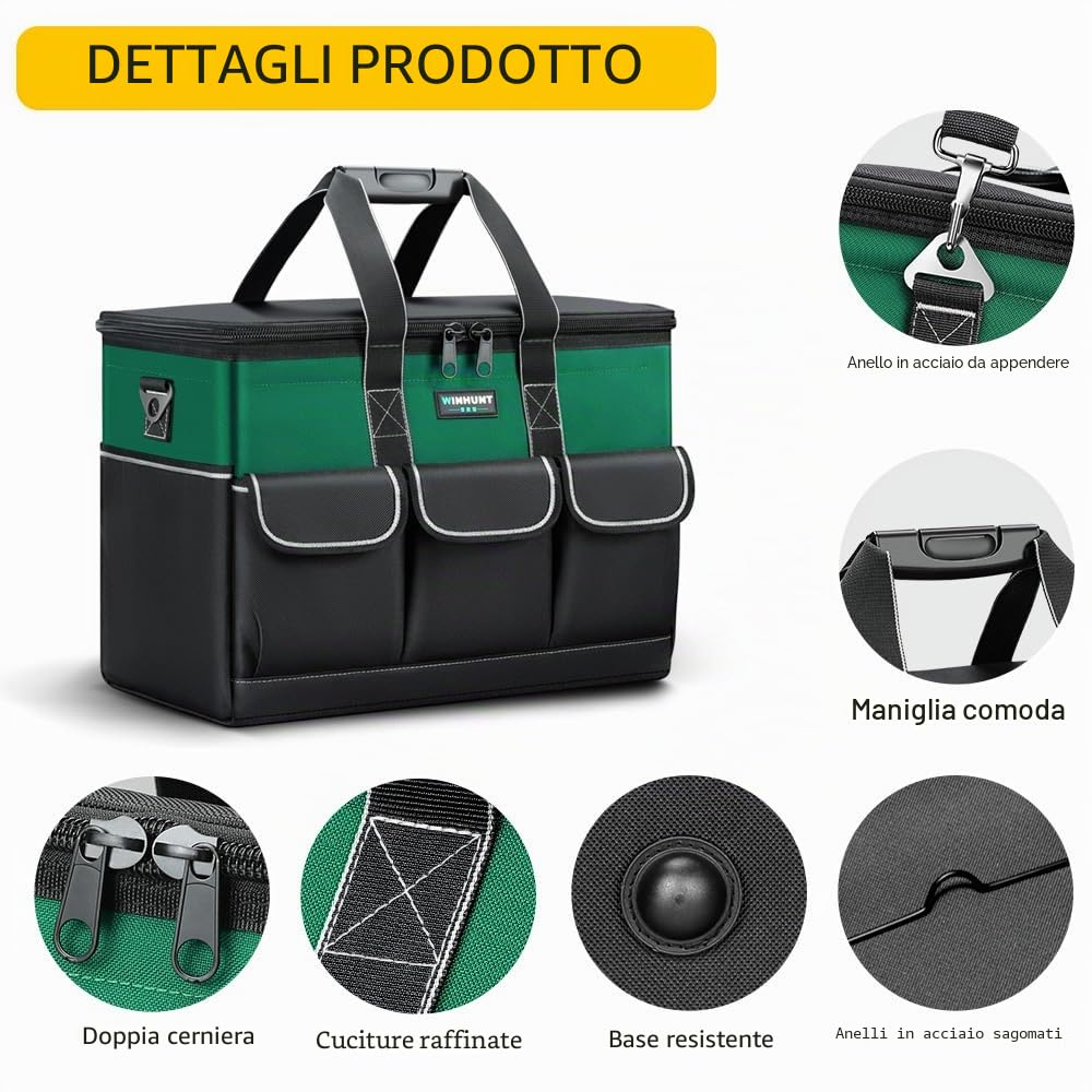 WINHUNT Borsa Porta Attrezzi, Ampia Apertura Superiore, Base Robusta, Verde e Nero (Green, 14inch/13.8cm)
