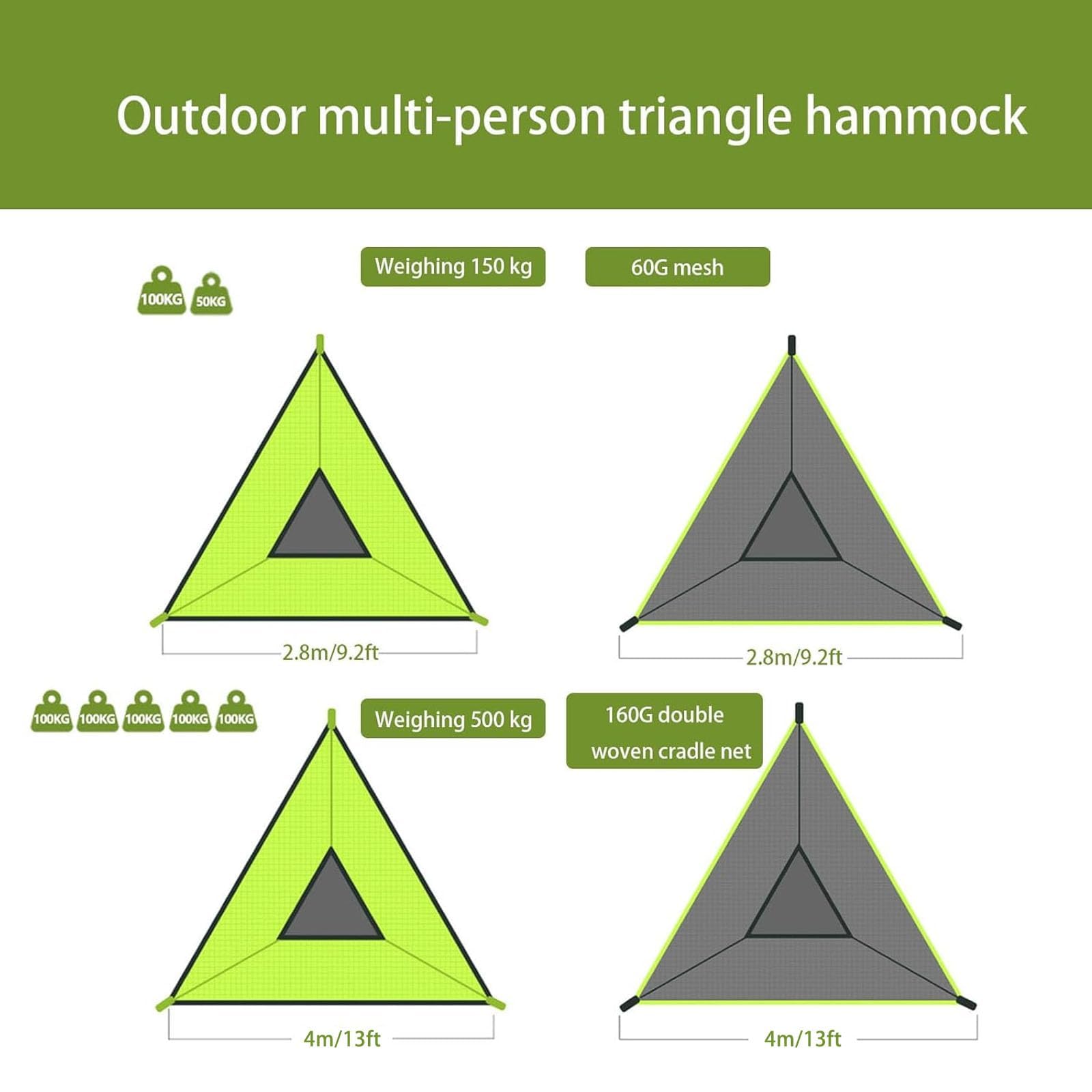 Hamac de Camping Triangulaire, hamacs Multi-Personnes 4/2,8 m Maximum 400 LB pour la détente en Plein air, hamac Extra Large, avec 3 Sangles et Sacs en Filet, Sac de Rangement Green 2.8x2.8x2.8m