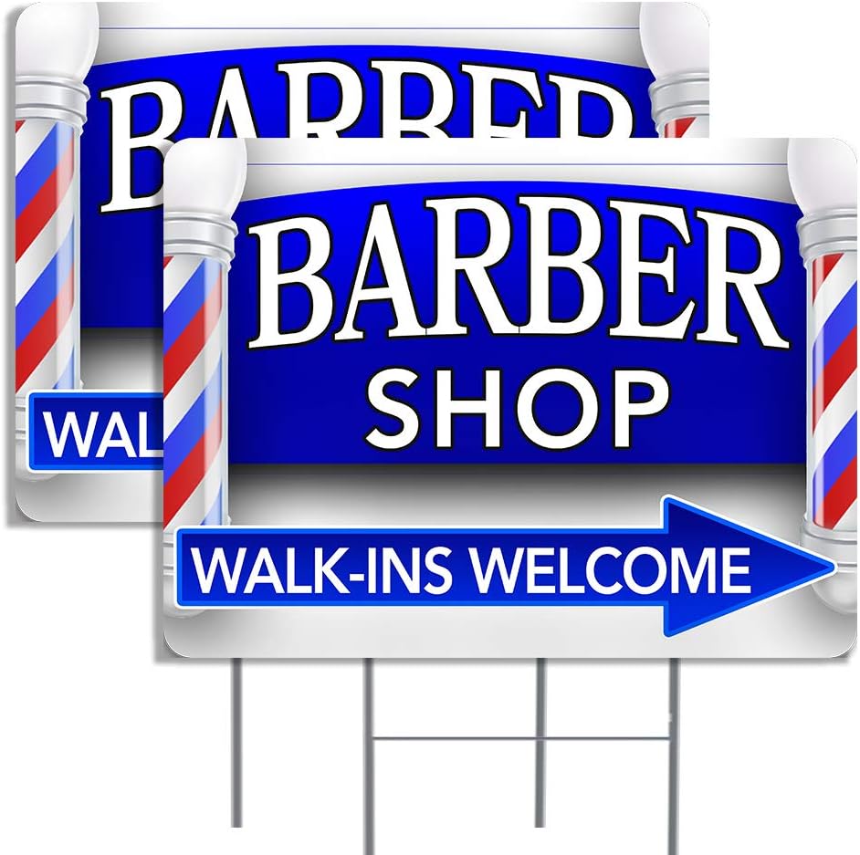 BARBER SHOP Arrow 2 Pack Double-Sided Yard Signs 16" x 24" with Metal Stakes (Made in Texas)